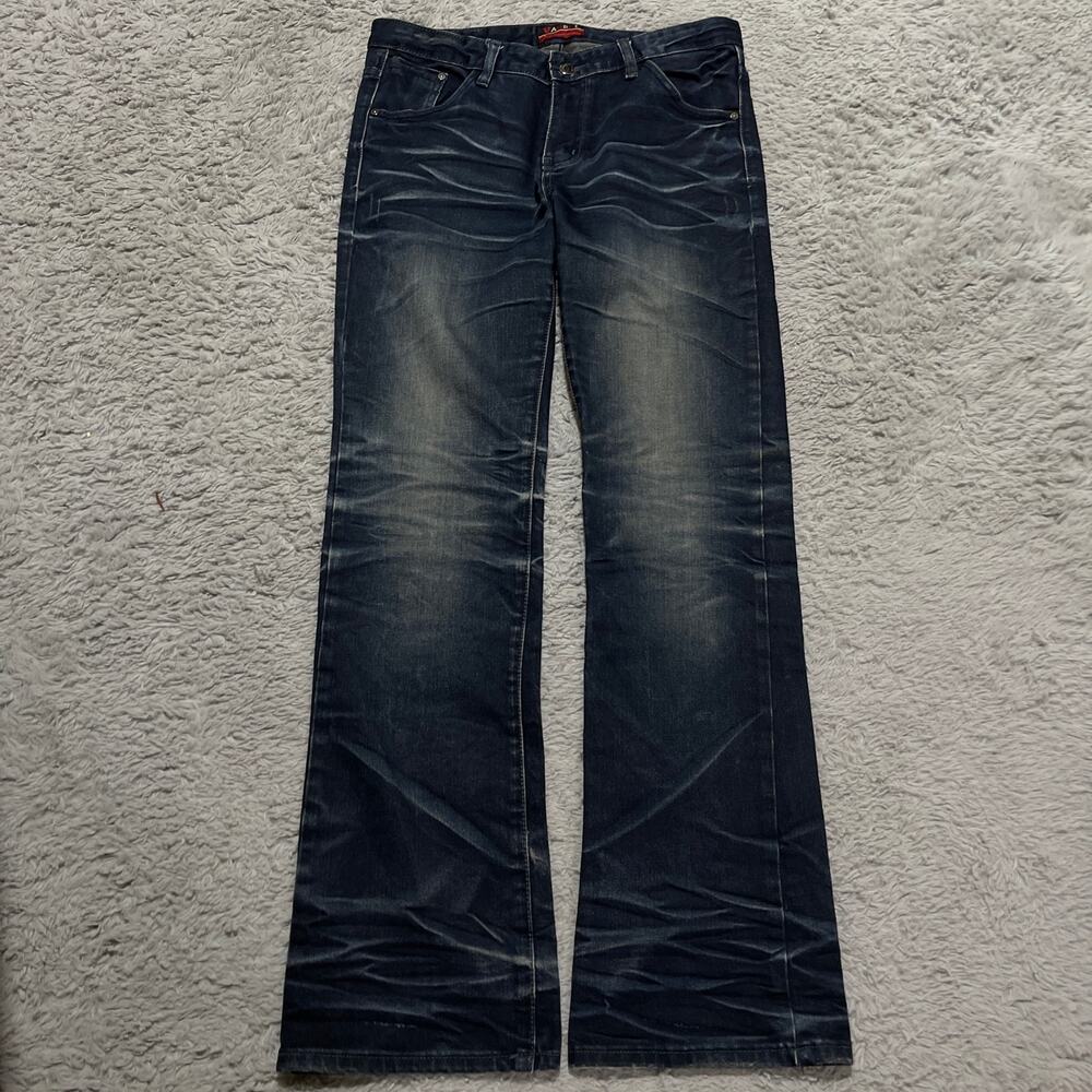 Vintage Japanese Brand Whiskered Faded Bootcut Denim Navy Blue Jeans size 32x32